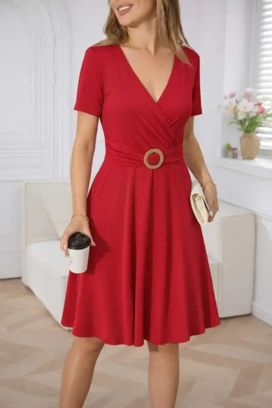 Women's Short Sleeve Wrap Neck Front Buckle Detailed Short Viscose Dress - 2