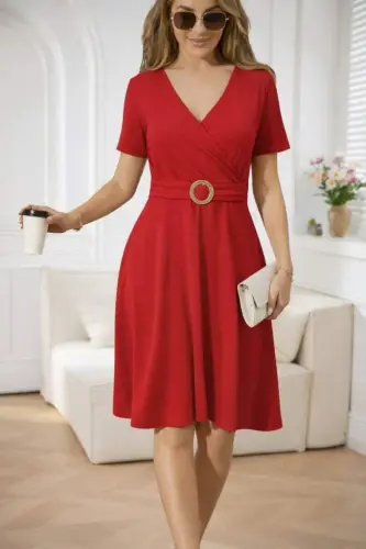 Women's Short Sleeve Wrap Neck Front Buckle Detailed Short Viscose Dress - 3