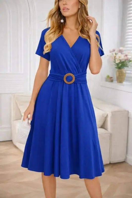 Women's Short Sleeve Wrap Neck Front Buckle Detailed Short Viscose Dress - BÜYÜKBEDENIZ