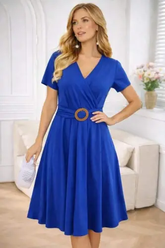 Women's Short Sleeve Wrap Neck Front Buckle Detailed Short Viscose Dress - BÜYÜKBEDENIZ (1)