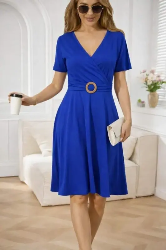 Women's Short Sleeve Wrap Neck Front Buckle Detailed Short Viscose Dress - 3
