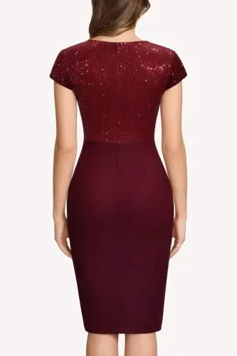Women's Short Sleeve Wrap Neck Glitter Detail Midi Imported Crepe Dress - 3