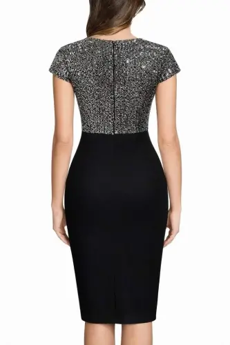 Women's Short Sleeve Wrap Neck Glitter Detail Midi Imported Crepe Dress - 3
