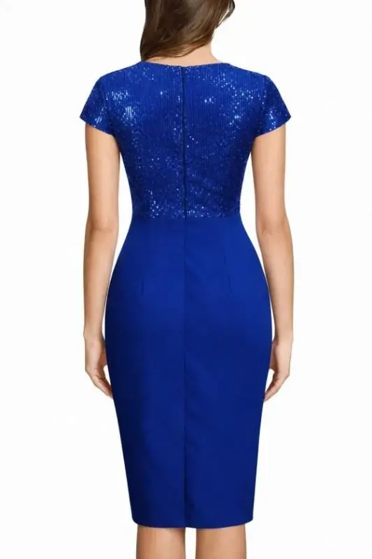 Women's Short Sleeve Wrap Neck Glitter Detailed Midi Imported Crepe Dress - 3