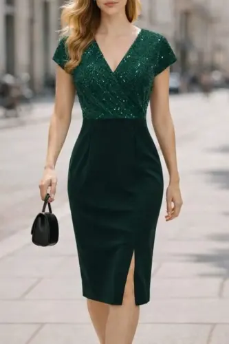 Women's Short Sleeve Wrap Neck Glitter Detailed Midi Imported Crepe Dress - 1