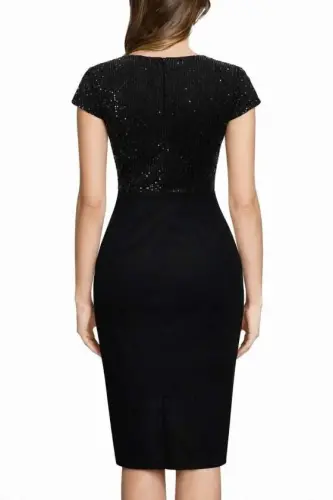 Women's Short Sleeve Wrap Neck Glitter Detailed Midi Imported Crepe Dress - 3
