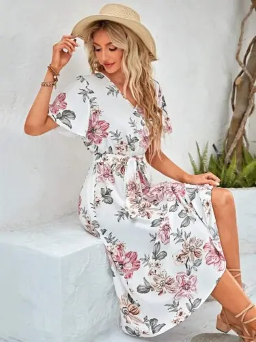 Women's Short Sleeve Wrap Neck Side Tie Patterned Single Jersey Midi Dress - 6