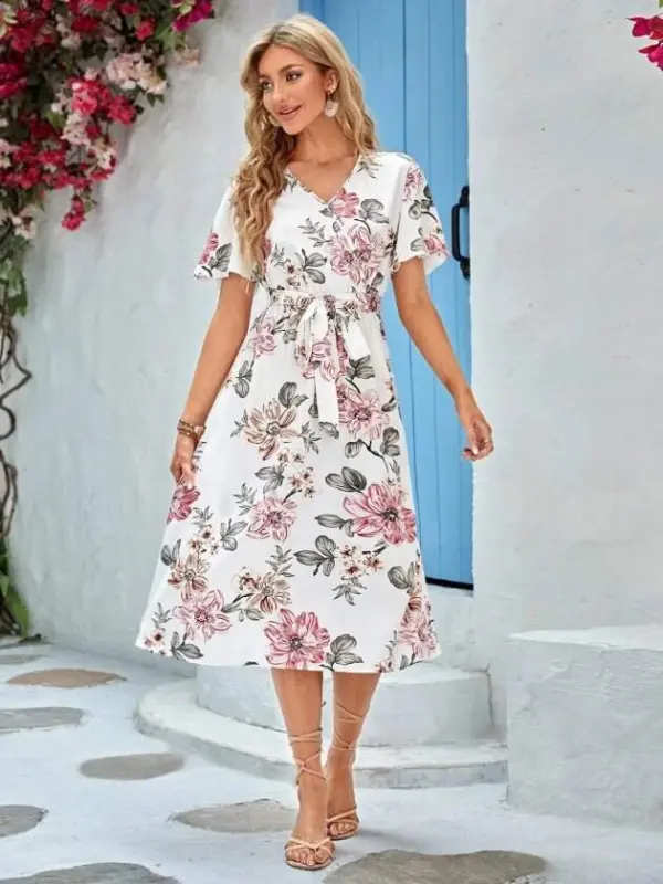 Women's Short Sleeve Wrap Neck Side Tie Patterned Single Jersey Midi Dress - 7