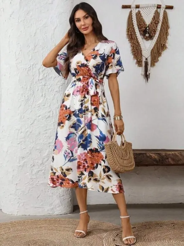 Women's Short Sleeve Wrap Neck Side Tie Patterned Single Jersey Midi Dress - 3