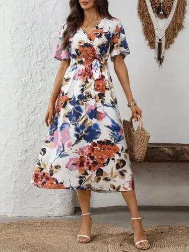 Women's Short Sleeve Wrap Neck Side Tie Patterned Single Jersey Midi Dress - 7