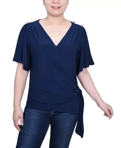 Women's Short Sleeve Wrap Top-Navy - 1