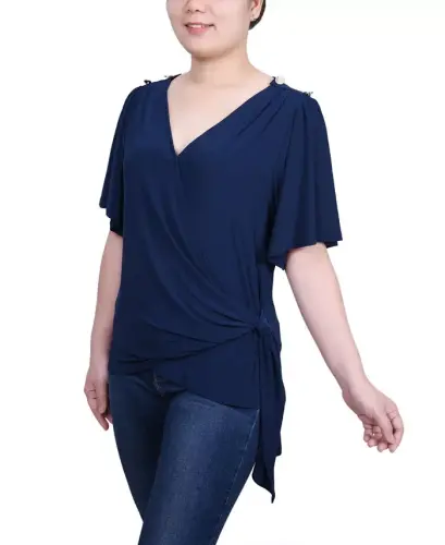 Women's Short Sleeve Wrap Top-Navy - 3