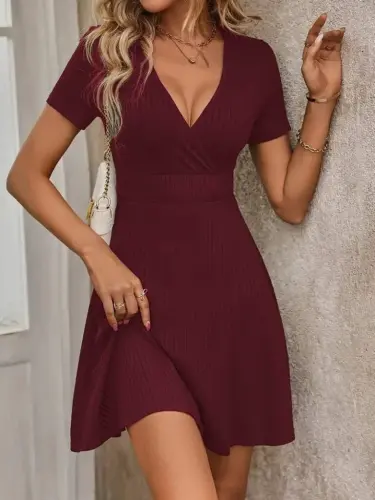 Women's Short Sleeve Wrap V Neck A Line Ribbed Knit Sweater Dress - BÜYÜKBEDENIZ (1)