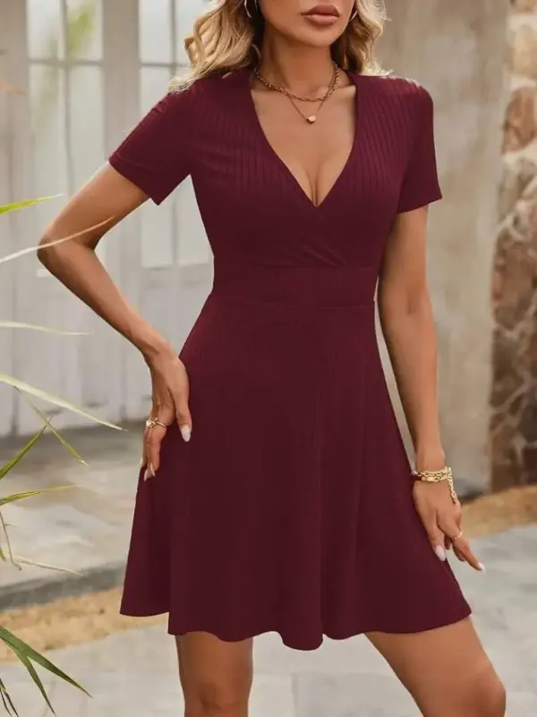 Women's Short Sleeve Wrap V Neck A Line Ribbed Knit Sweater Dress - 4