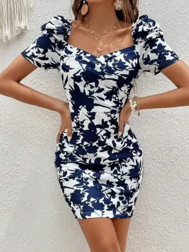 Women's Short Sleeve Wrap V-Neck Floral Print Supima Dress - 1