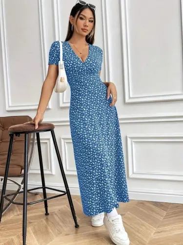 Women's Short Sleeve Wrap V-Neck Floral Print Supima Dress - 1