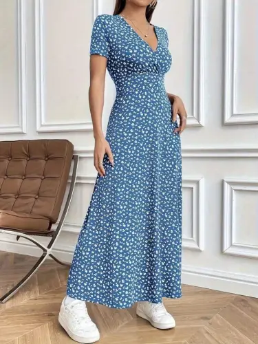 Women's Short Sleeve Wrap V-Neck Floral Print Supima Dress - 2