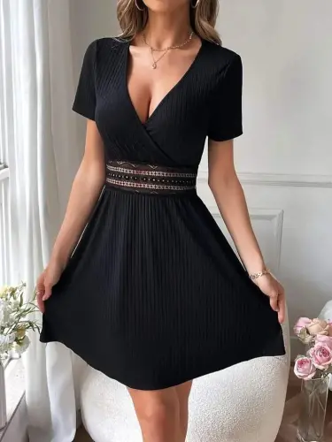 Women's Short Sleeve Wrap V-Neck Lace Waist Rib Knit Dress - 1