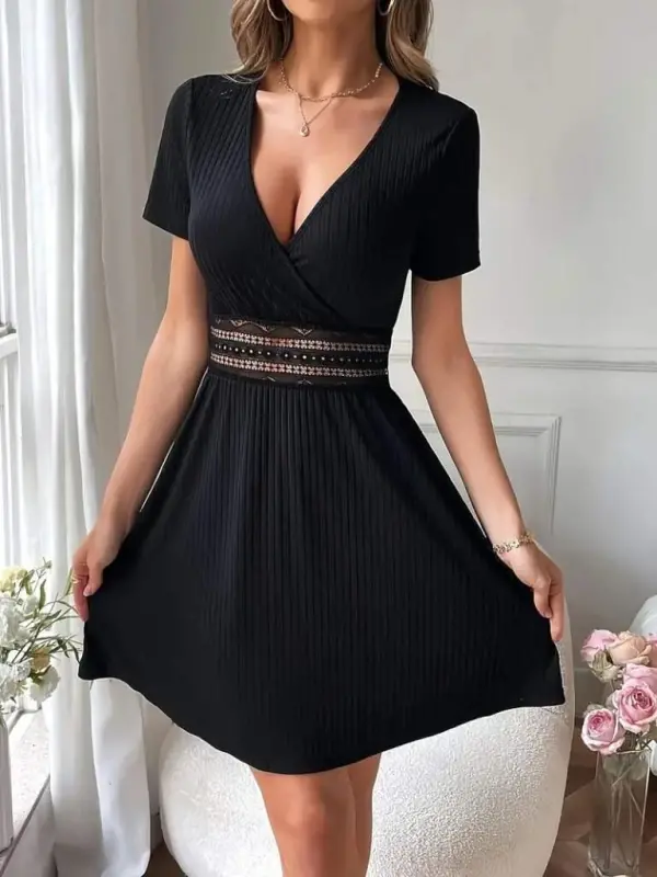 Women's Short Sleeve Wrap V-Neck Lace Waist Rib Knit Dress - BÜYÜKBEDENIZ