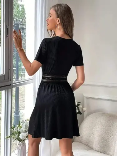 Women's Short Sleeve Wrap V-Neck Lace Waist Rib Knit Dress - 5