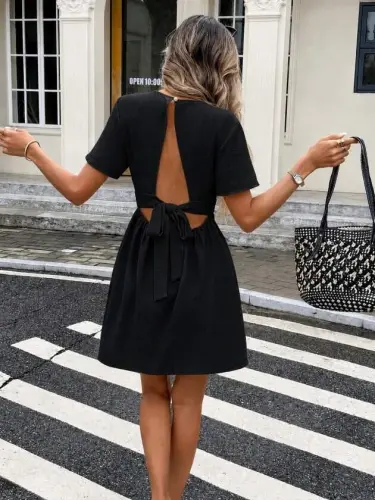 Women's Short Sleeve Wrap V-Neck Open Back Lace-Up Short Aerobin Dress - 2