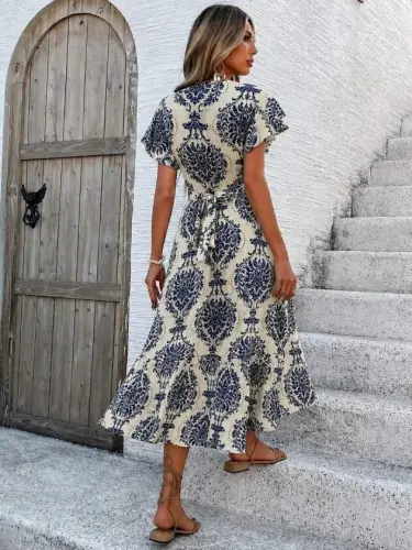 Women's Short Sleeve Wrap V-Neck Tie-Waist Patterned Jersey Midi Dress - BÜYÜKBEDENIZ (1)
