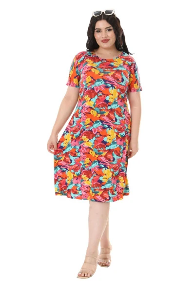 Women's Short Sleeve Yellow Rose Print Plus Size Midi Dress - MELSAY