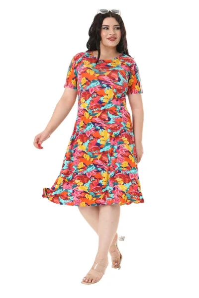 Women's Short Sleeve Yellow Rose Print Plus Size Midi Dress - MELSAY (1)