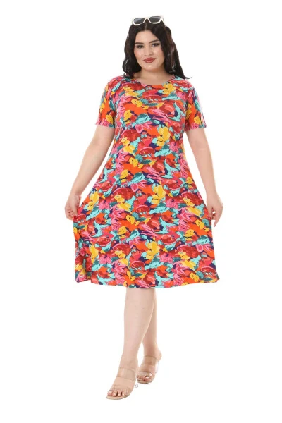Women's Short Sleeve Yellow Rose Print Plus Size Midi Dress - 3
