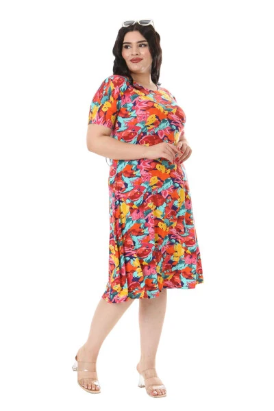 Women's Short Sleeve Yellow Rose Print Plus Size Midi Dress - 5
