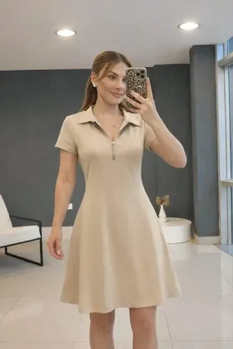 Women's Short Sleeve Zipper Neck Short Viscose Two-Thread Dress - 1