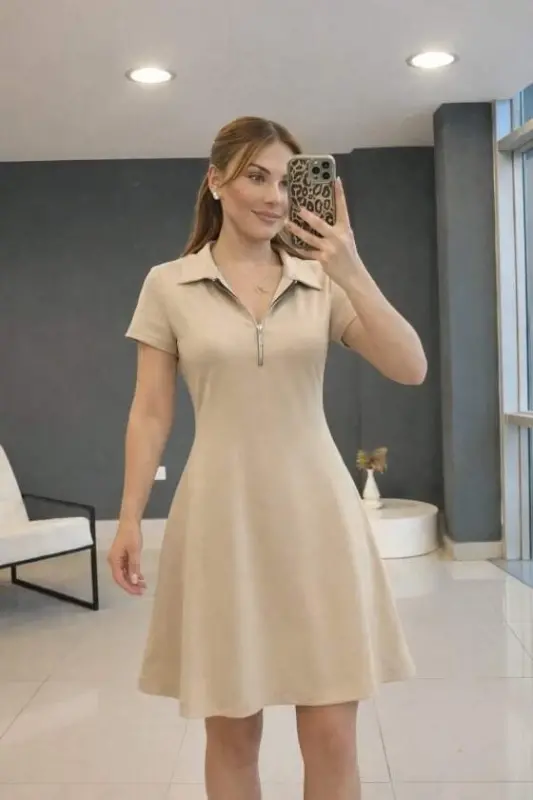 Women's Short Sleeve Zipper Neck Short Viscose Two-Thread Dress - 1