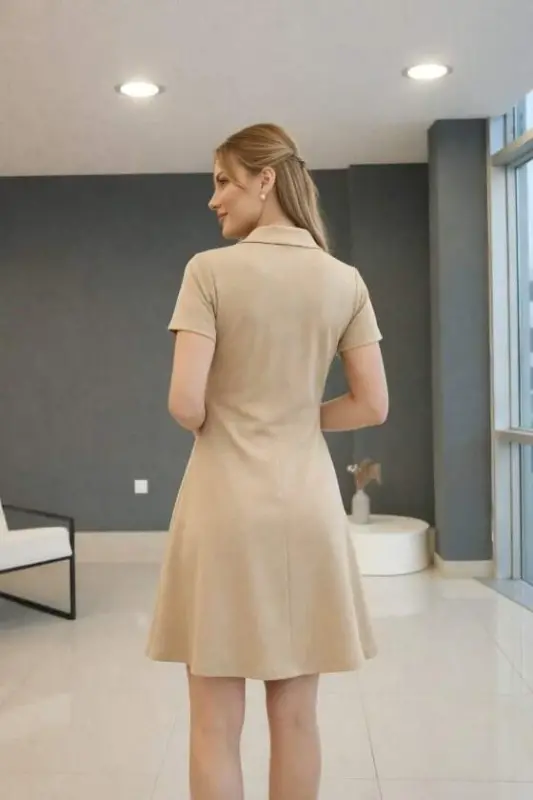 Women's Short Sleeve Zipper Neck Short Viscose Two-Thread Dress - 3