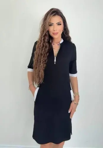 Women's Short Sleeve Zippered Neck Pocketed Slit Viscose Dress - 1