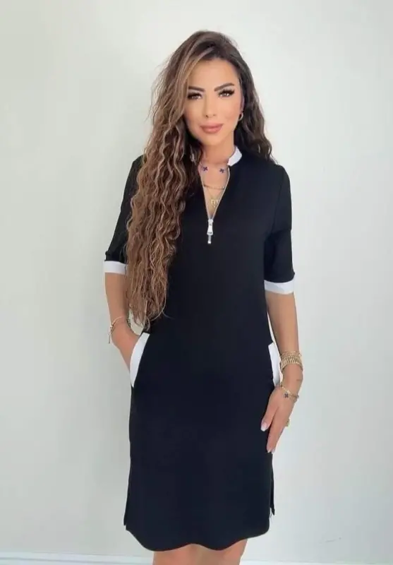 Women's Short Sleeve Zippered Neck Pocketed Slit Viscose Dress - BÜYÜKBEDENIZ