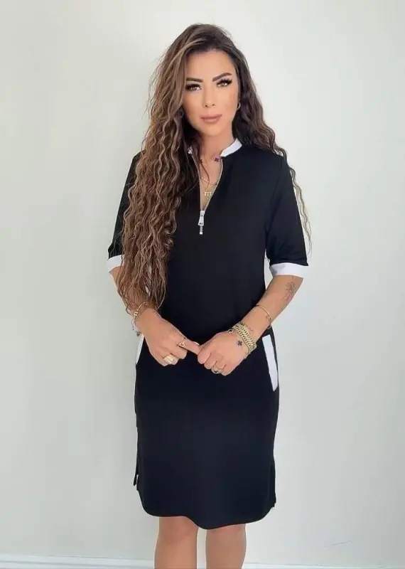 Women's Short Sleeve Zippered Neck Pocketed Slit Viscose Dress - 2