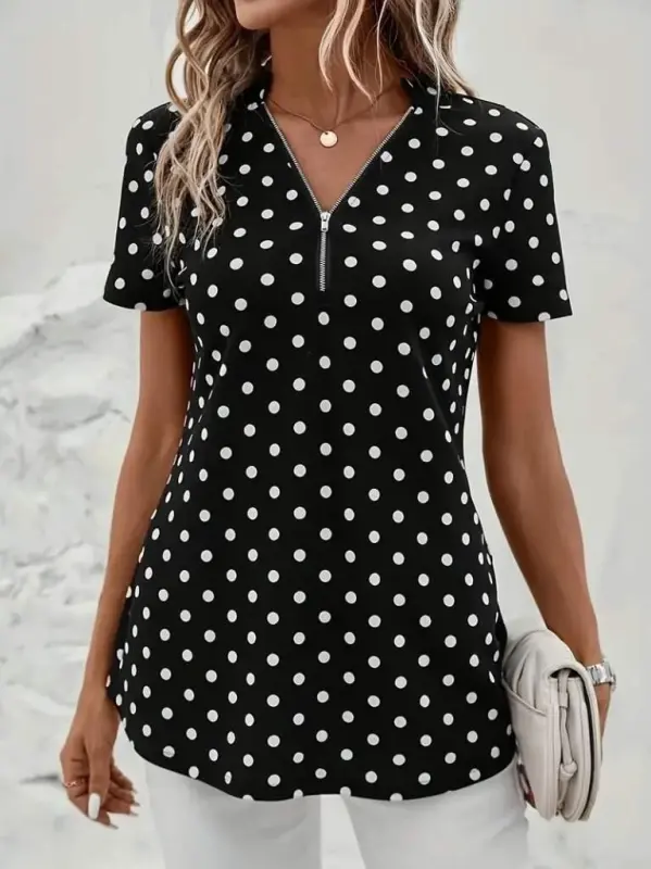 Women's Short Sleeve Zippered Neck Polka Dot Long Woven Viscose Blouse - BÜYÜKBEDENIZ
