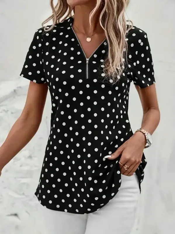 Women's Short Sleeve Zippered Neck Polka Dot Long Woven Viscose Blouse - 2