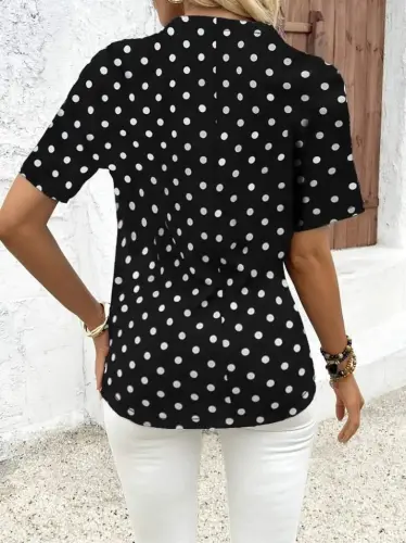 Women's Short Sleeve Zippered Neck Polka Dot Long Woven Viscose Blouse - 3
