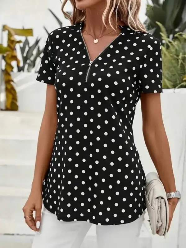 Women's Short Sleeve Zippered Neck Polka Dot Long Woven Viscose Blouse - 4