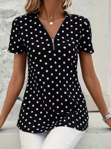 Women's Short Sleeve Zippered Neck Polka Dot Long Woven Viscose Blouse - 5