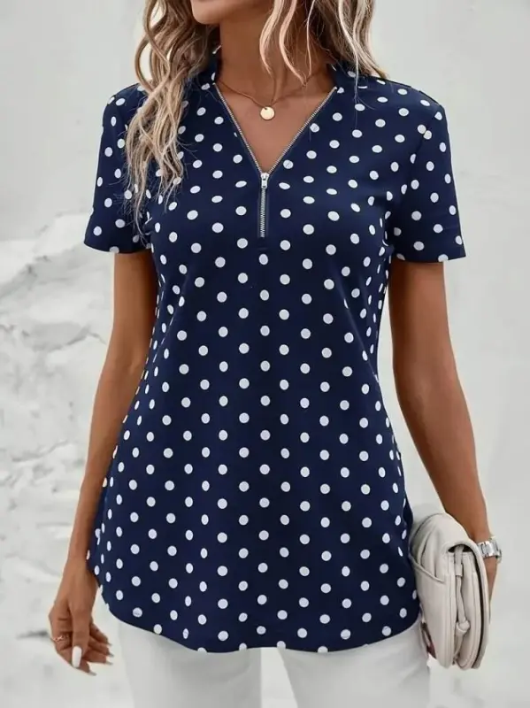 Women's Short Sleeve Zippered Neck Polka Dot Long Woven Viscose Blouse - BÜYÜKBEDENIZ