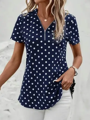 Women's Short Sleeve Zippered Neck Polka Dot Long Woven Viscose Blouse - BÜYÜKBEDENIZ (1)