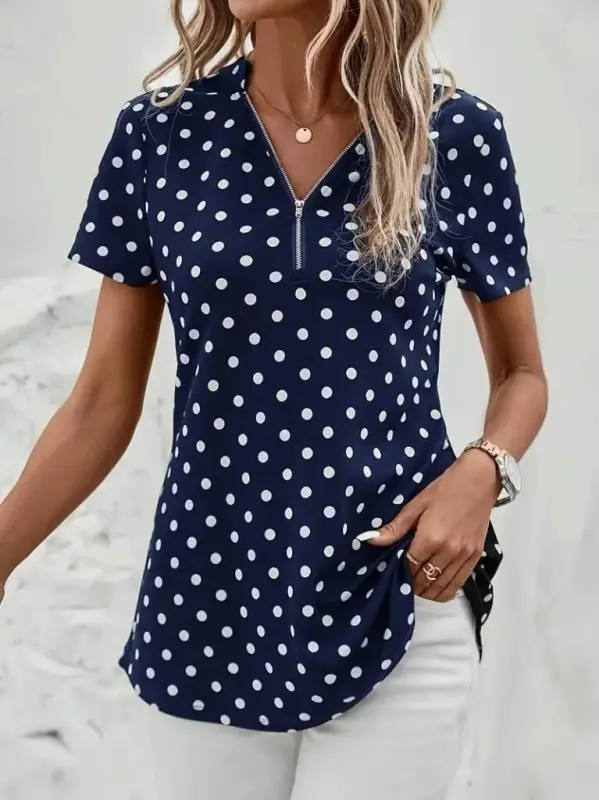 Women's Short Sleeve Zippered Neck Polka Dot Long Woven Viscose Blouse - 2