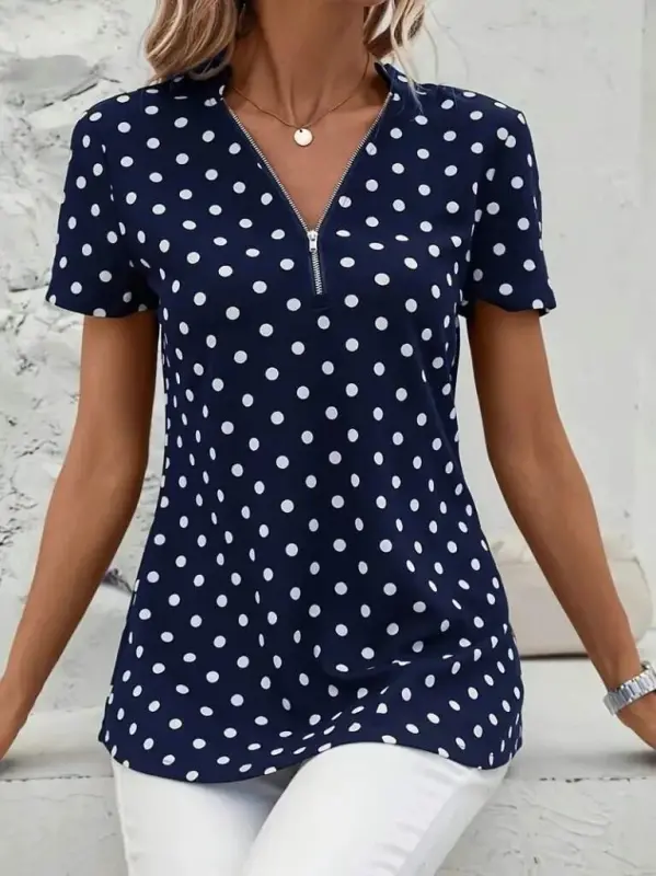 Women's Short Sleeve Zippered Neck Polka Dot Long Woven Viscose Blouse - 3