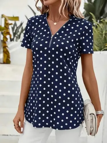 Women's Short Sleeve Zippered Neck Polka Dot Long Woven Viscose Blouse - 4