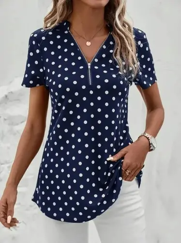 Women's Short Sleeve Zippered Neck Polka Dot Long Woven Viscose Blouse - 5