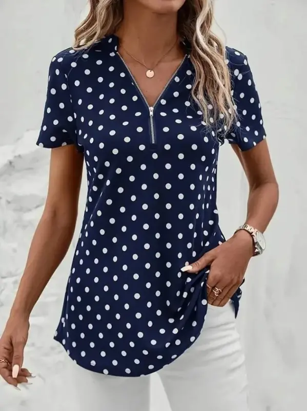 Women's Short Sleeve Zippered Neck Polka Dot Long Woven Viscose Blouse - 5