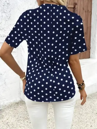 Women's Short Sleeve Zippered Neck Polka Dot Long Woven Viscose Blouse - 6