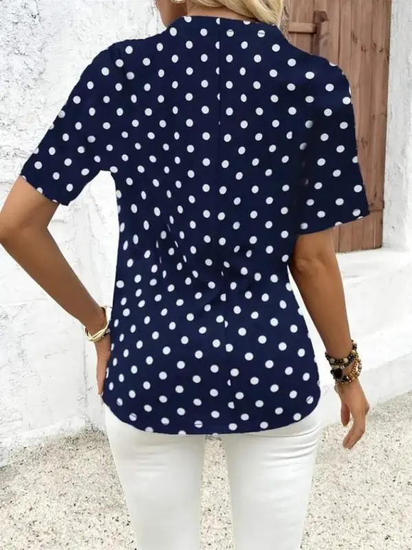Women's Short Sleeve Zippered Neck Polka Dot Long Woven Viscose Blouse - 6